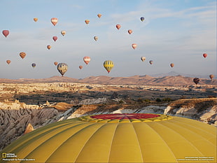 green and white floral mattress, sky, National Geographic, hot air balloons HD wallpaper