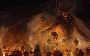 demon over the boats on water, fantasy art, demon, city, fire