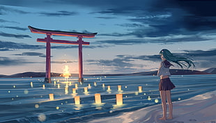 Hatsune Miku seifuku version illustration, lights, ghosts, Touhou, Kochiya Sanae