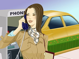 girl in brown blazer calling someone beside yellow car animated illustration