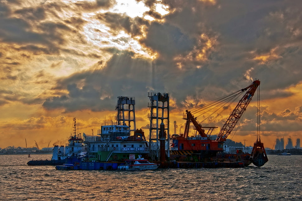 sailing ship with crane on surrounded by water HD wallpaper