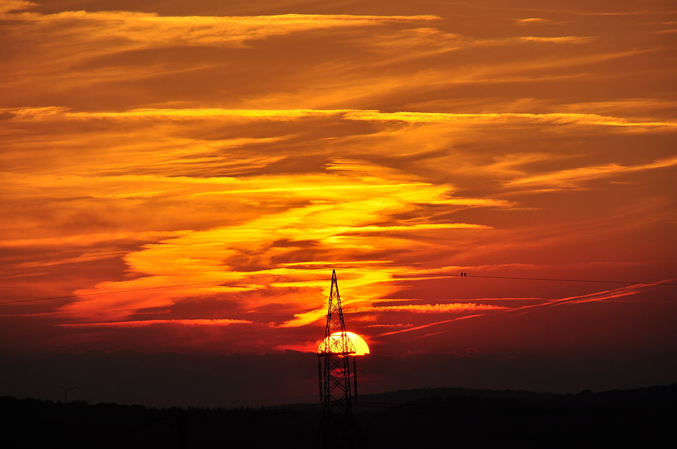 black utility post, sunset HD wallpaper