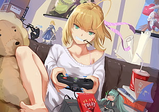 female anime character playing video game illustration