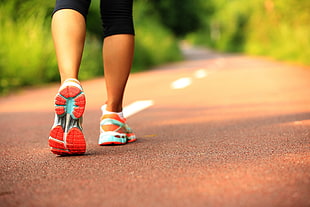 white-and-multicolored running shoes, running, shoes, sun rays, asphalt HD wallpaper