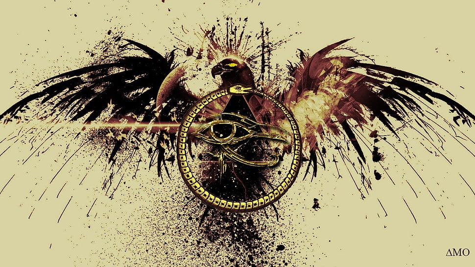 black and brown bird illustration, Eye of Horus, birds, paint splatter, ouroboros HD wallpaper