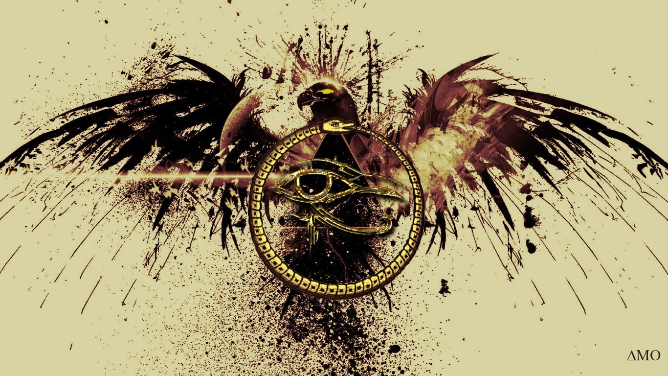 black and brown bird illustration, Eye of Horus, birds, paint splatter, ouroboros