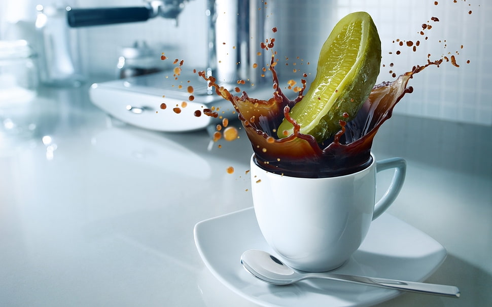 white ceramic mug with pickle and black liquid HD wallpaper