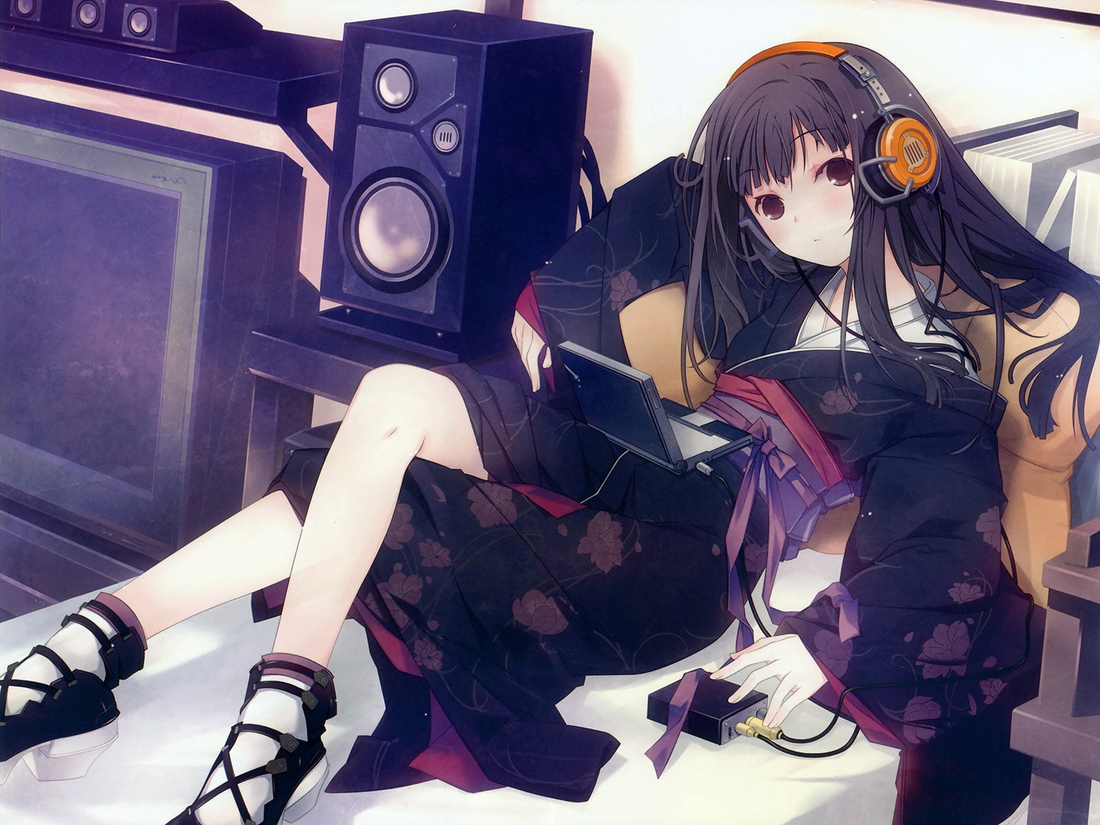 anime girl with purple hair and headphones