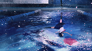 illustration of female anime character carrying pink umbrella near swimming pool, anime, original characters, school uniform HD wallpaper