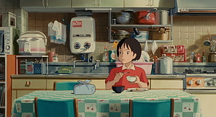 white and blue wooden table, anime, Makoto Shinkai , Studio Ghibli