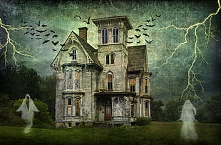 illustration of brown house with murder of crows and two white ghosts