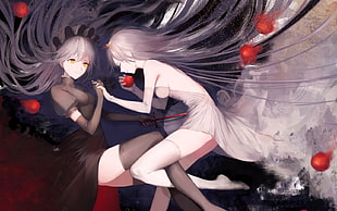 two gray-haired female anime characters wallpaper, apples, pantyhose, dress, original characters HD wallpaper