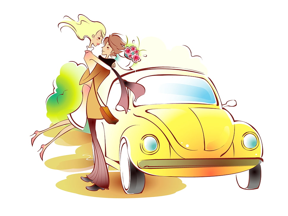 couple standing beside yellow Volkswagen Beetle HD wallpaper