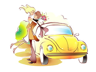 couple standing beside yellow Volkswagen Beetle