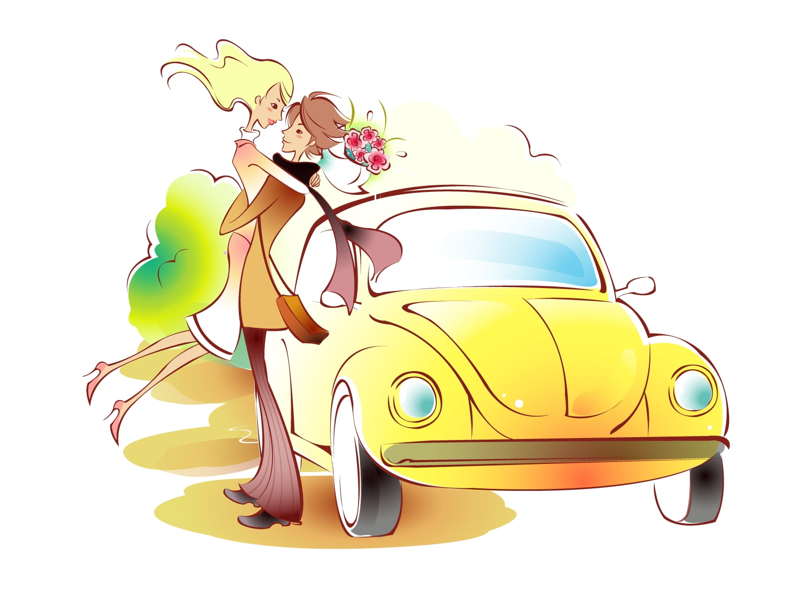 couple standing beside yellow Volkswagen Beetle