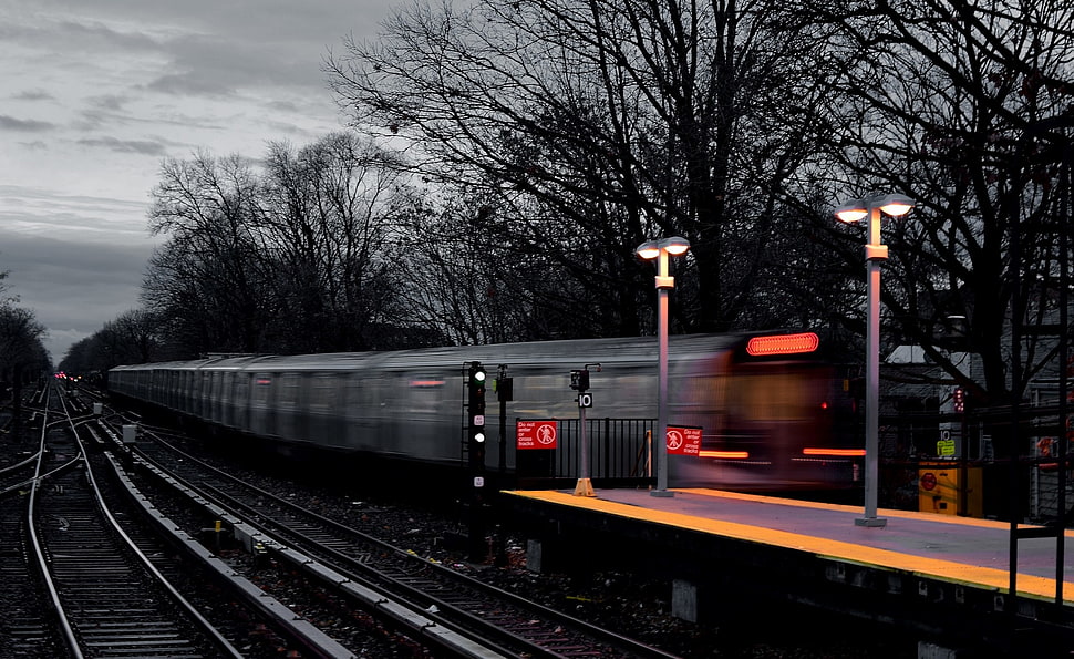 black and white metal trailer, train, light trails, selective coloring, motion blur HD wallpaper