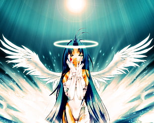 blue haired anime girl with halo and wings HD wallpaper
