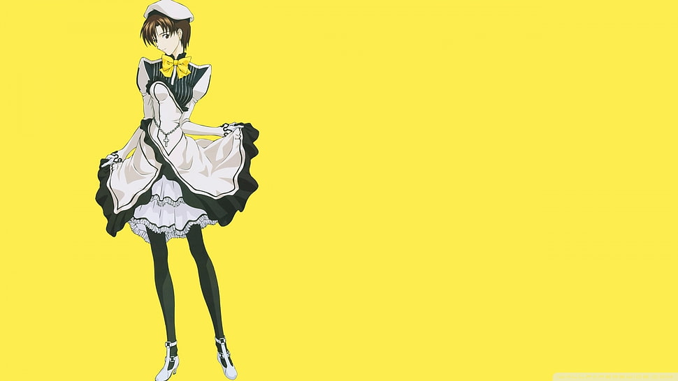brown hair girl wearing white and black midi dress anime character HD wallpaper
