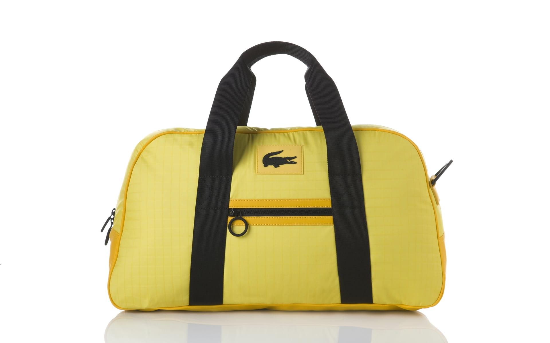 yellow and black Lacoste duffel bag