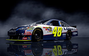 white, blue, and yellow Lowes 48 NASCAR illustration