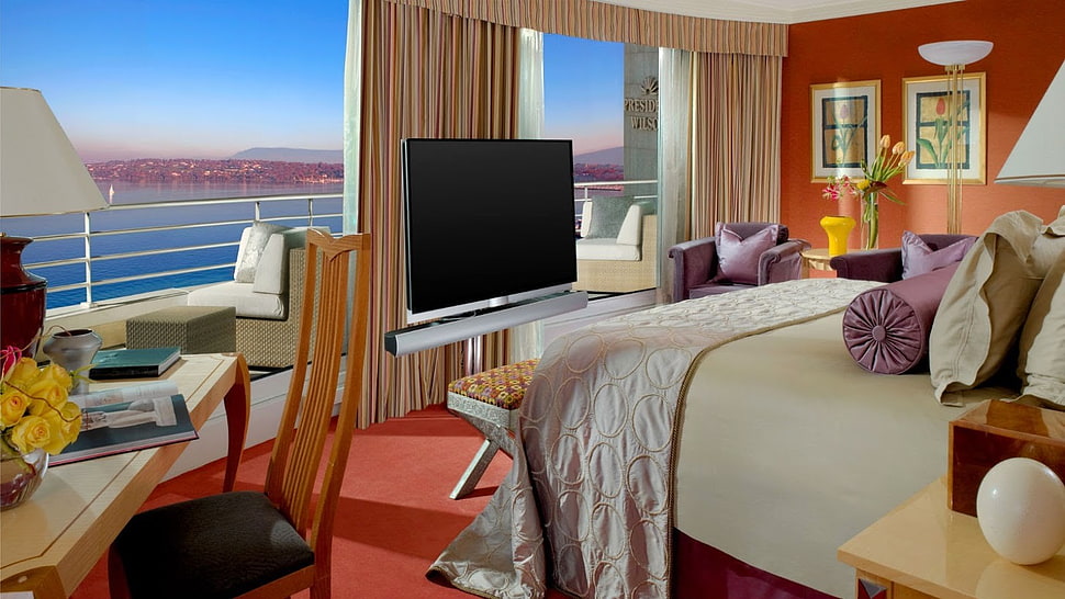 black flat screen TV, interior, bed HD wallpaper