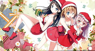 three female anime characters wearing Santa Claus costume illustration