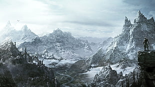 warrior on mountain alps digital wallpaper, The Elder Scrolls V: Skyrim, video games