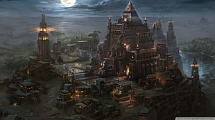 brown and gray pyramid illustrationb, fantasy art, fantasy city HD wallpaper