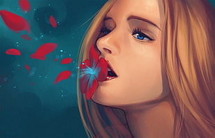 blonde girl kisses red flower blown in the air