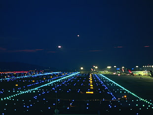 airport runway, lights, night, airplane, airport