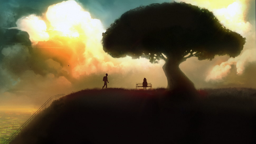brown tree illustration, trees, sky, sitting, bench HD wallpaper