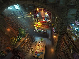 rectangular brown wooden table, library, fantasy city