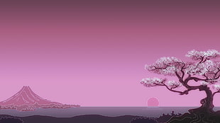 pink leaf tree near mountain illustration, minimalism, digital art, trees, Sun