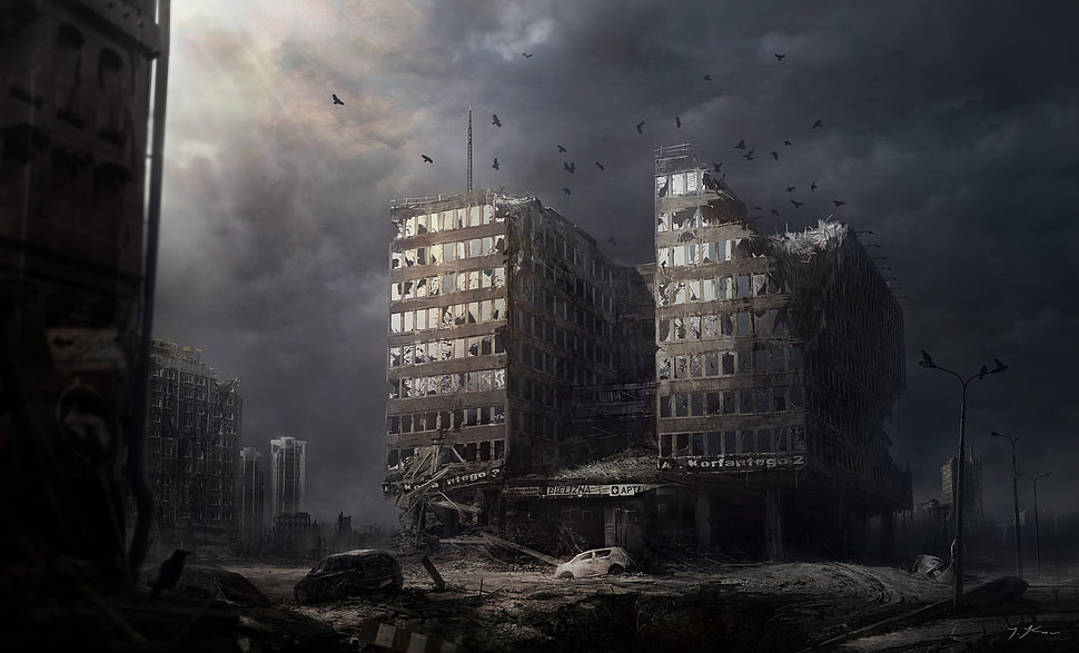 grayscale photo of building, artwork, apocalyptic, futuristic, ruin HD wallpaper