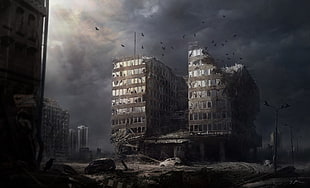 grayscale photo of building, artwork, apocalyptic, futuristic, ruin
