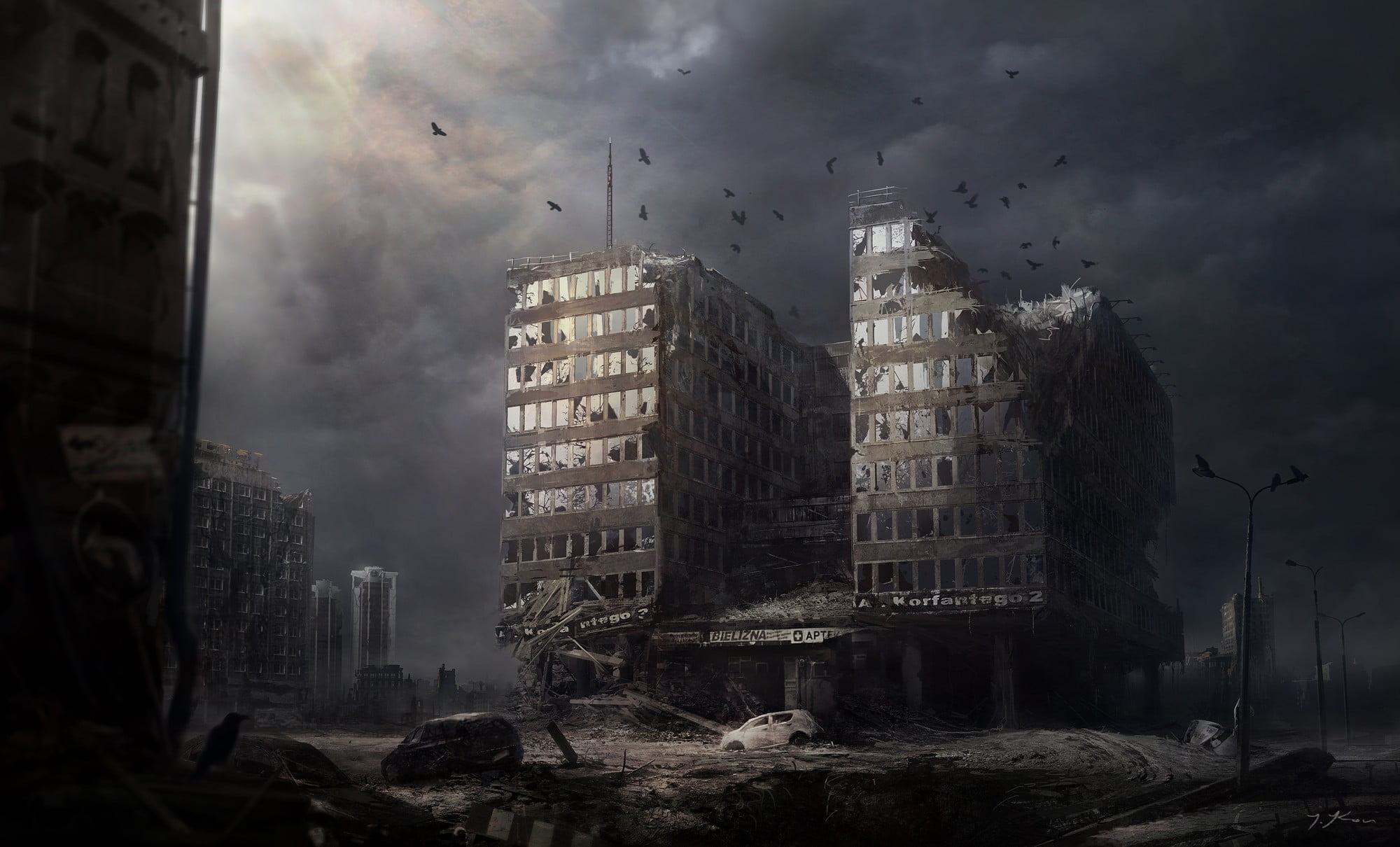 grayscale photo of building, artwork, apocalyptic, futuristic, ruin