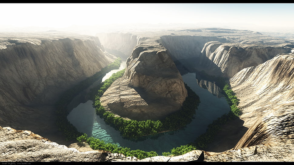 rock formation, landscape, river, mountains, cave HD wallpaper