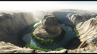 rock formation, landscape, river, mountains, cave HD wallpaper