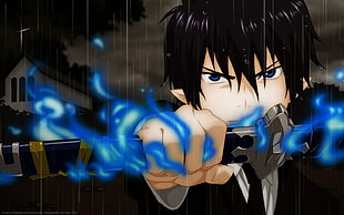 male anime character holding sword, anime, Blue Exorcist, Okumura Rin, fire