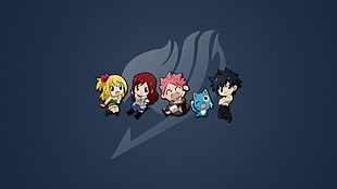 Lucy, Erza, Natsu, Happy and Grey from Fairy Tail chibi characters HD wallpaper