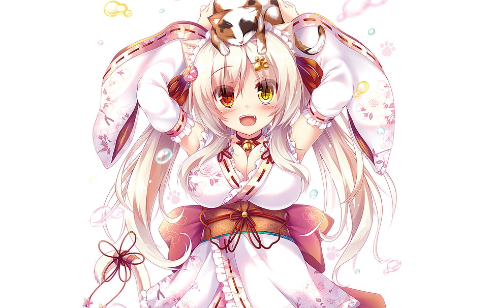 anime character illustration, yukata, cat, white hair HD wallpaper