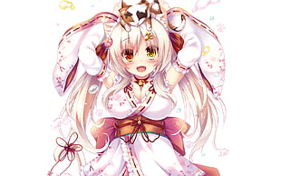 anime character illustration, yukata, cat, white hair