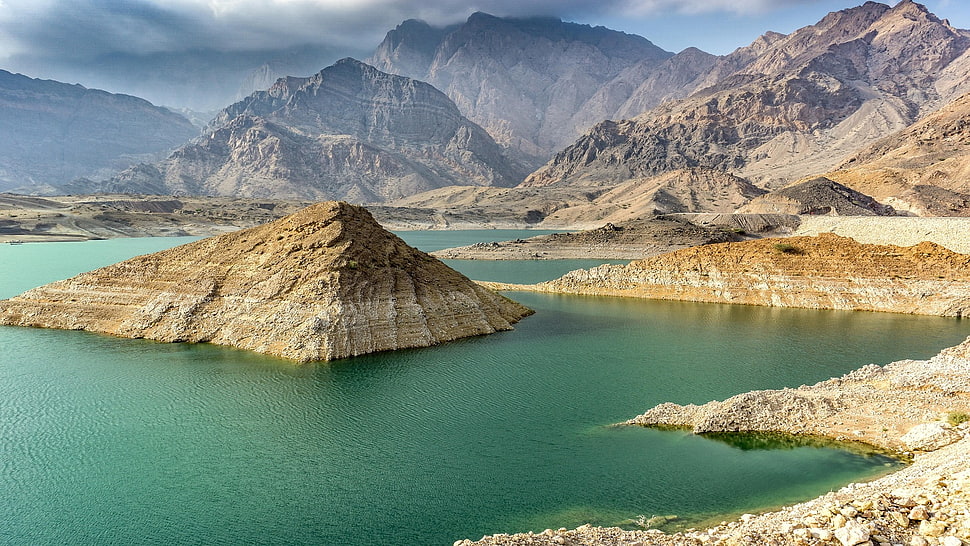 body of water near rock formation, Oman, mountains, lake, Reservoir HD wallpaper
