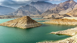body of water near rock formation, Oman, mountains, lake, Reservoir