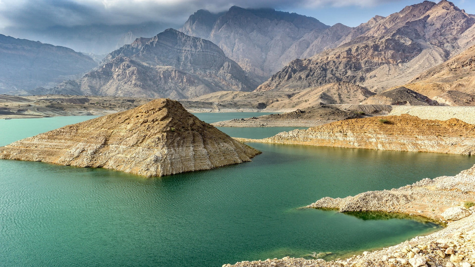 body of water near rock formation, Oman, mountains, lake, Reservoir