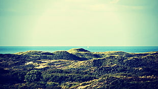 blue and green abstract painting, landscape, filter, sunlight, coast