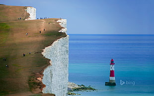 red and white lighthouse, nature, landscape, cliff, England