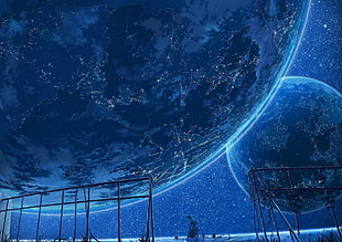 two blue planets, anime, planet, sky HD wallpaper