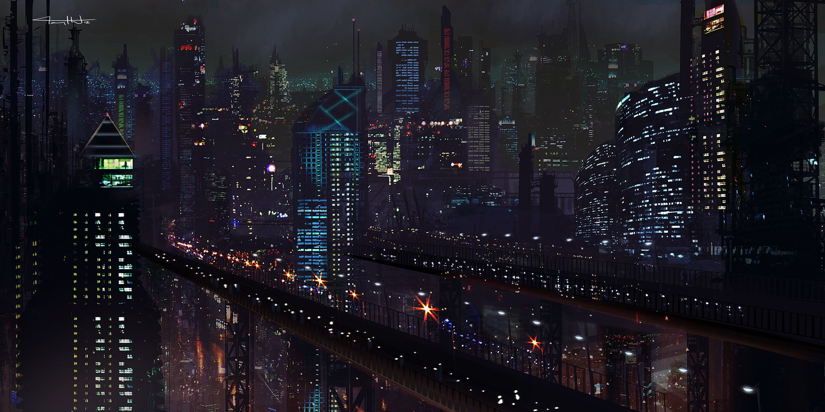 black buildings at nighttime, artwork, futuristic, city, night