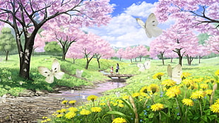 yellow petaled flower field, animation, anime